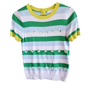 Short Sleeve Knit striped embellished flower top with neck button details cotton